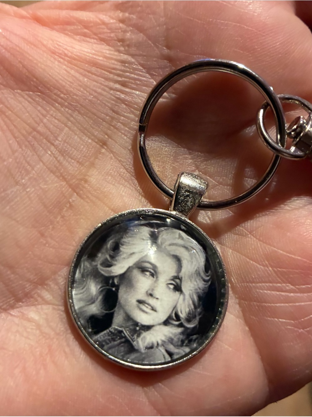 Dolly Parton Round Keychain - Black and White